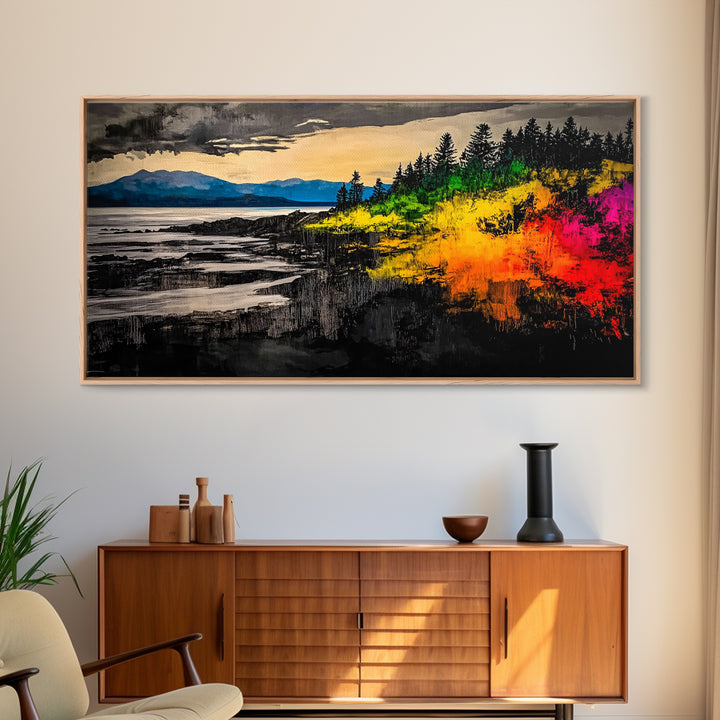 Coastal Sunset, Vibrant Ocean Art, Framed Canvas Print, Modern Landscape Painting, Beach Wall Art, Large Wall Decor, Living Room Art