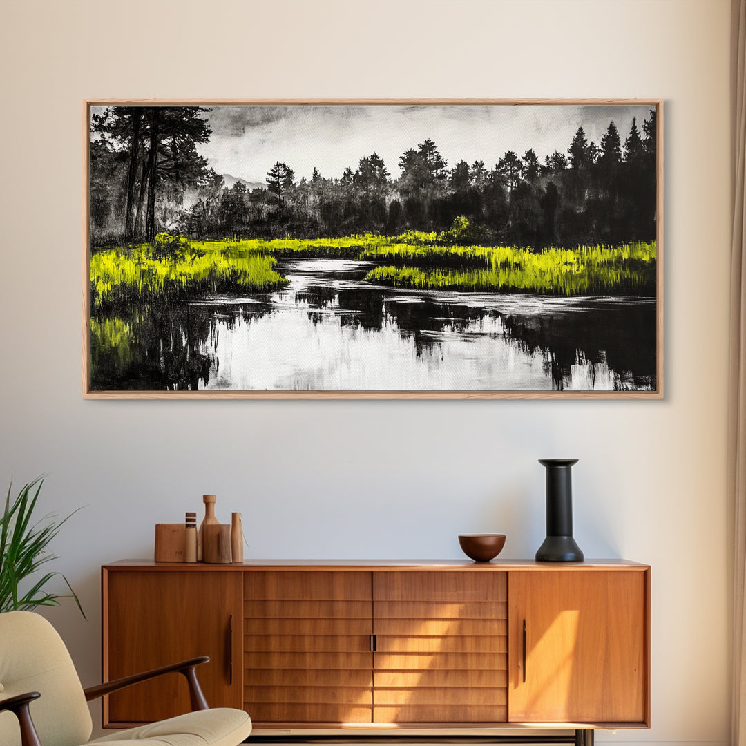 River Reflection, Minimalist Nature Art, Framed Canvas Print, Black and White Landscape, Modern Wall Decor, Office Wall Art