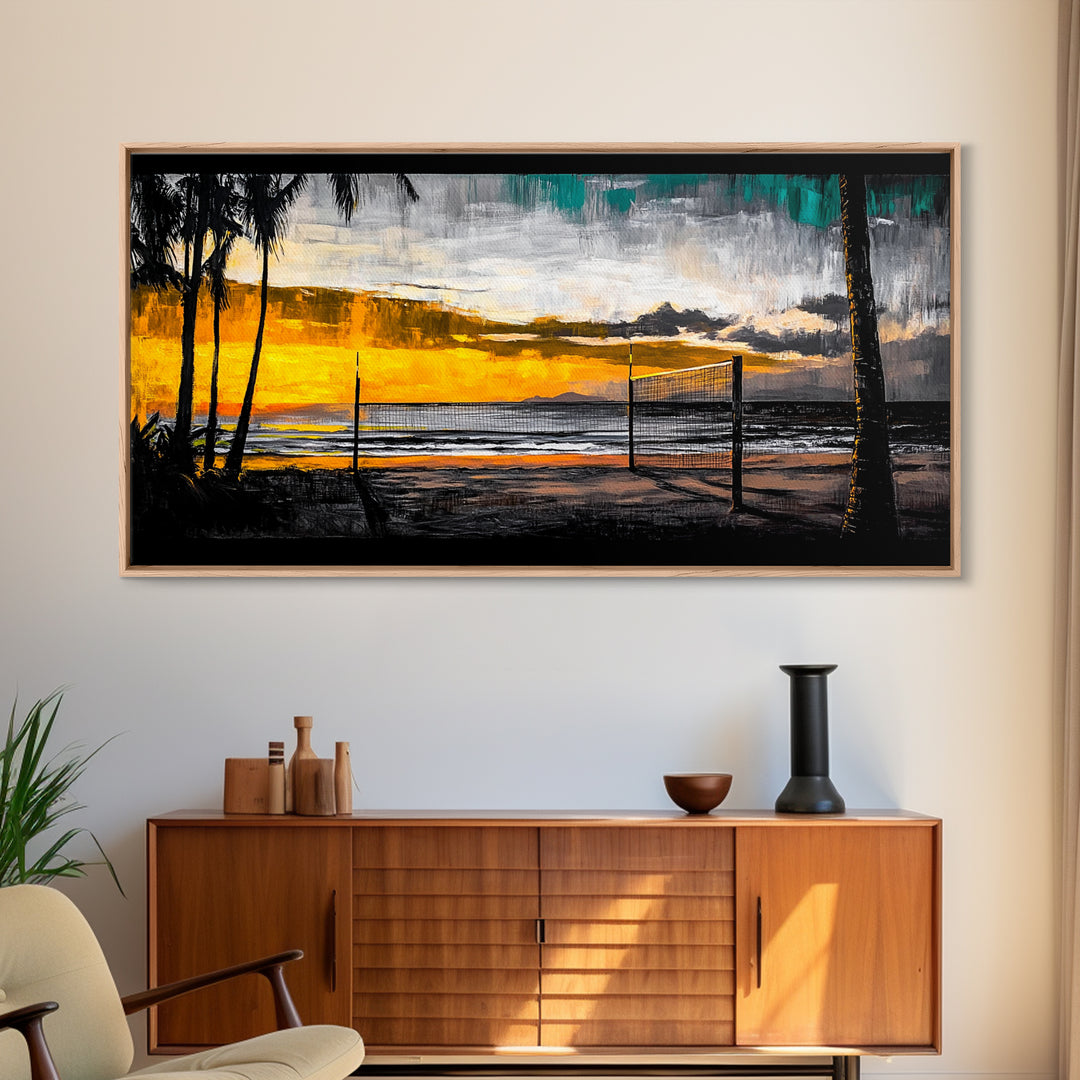 Beach Volleyball, Sunset Seascape, Warm Coastal Decor, Tropical Wall Art, Living Room Artwork, Golden Hour Beach Scene, Framed Canvas Print