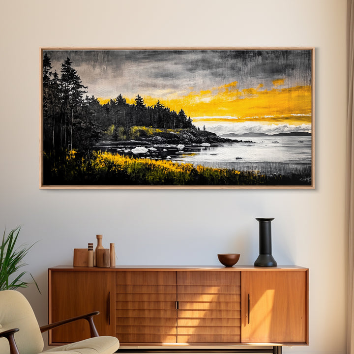 Coastal Landscape Print, Golden Sky Canvas Print, Dramatic Sunset Painting, Nature Wall Art, Living Room Artwork, Framed Canvas Print