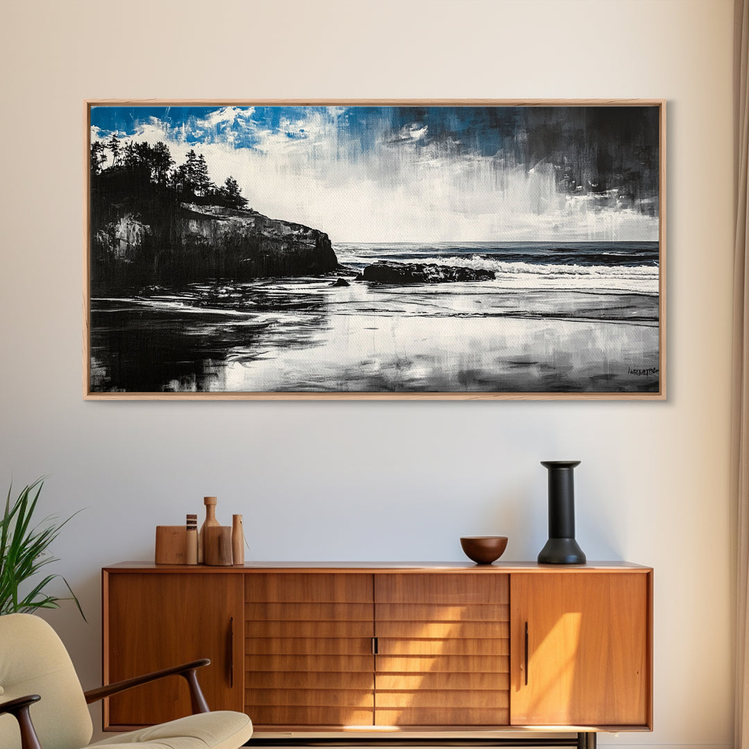 Dramatic Cliffside Painting, Ocean Wave Canvas Print, Monochrome Seascape Art, Moody Wall Decor, Coastal Artwork, Framed Canvas Print