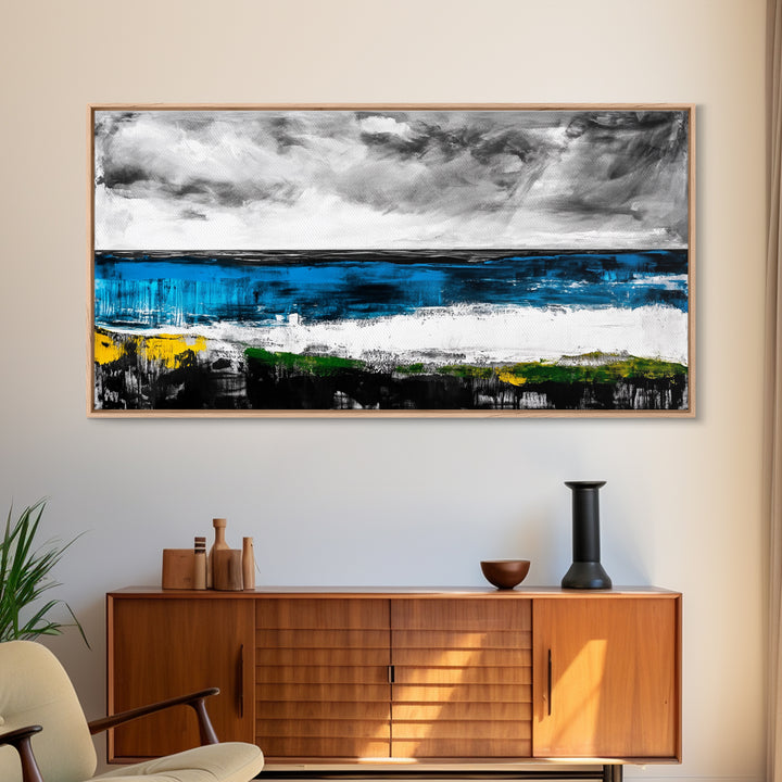 Abstract Coastal Art, Blue and Yellow Canvas Print, Modern Seascape Wall Decor, Ocean Painting, Living Room Artwork, Framed Canvas Print