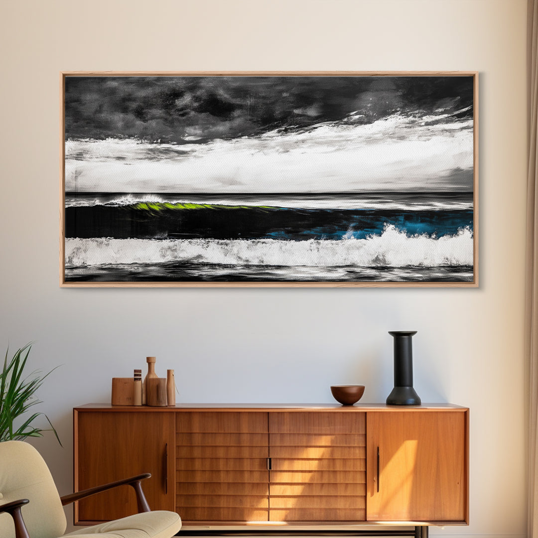 Ocean Wave Painting, Black and White Print, Modern Coastal Wall Decor, Seascape Art, Nautical Home Aesthetic, Framed Canvas Print