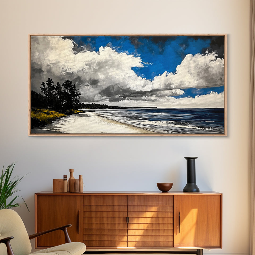 Dramatic Beach Scene, Blue Sky Canvas Print, Coastal Landscape Painting, Nature Wall Decor, Living Room Artwork, Framed Canvas Print