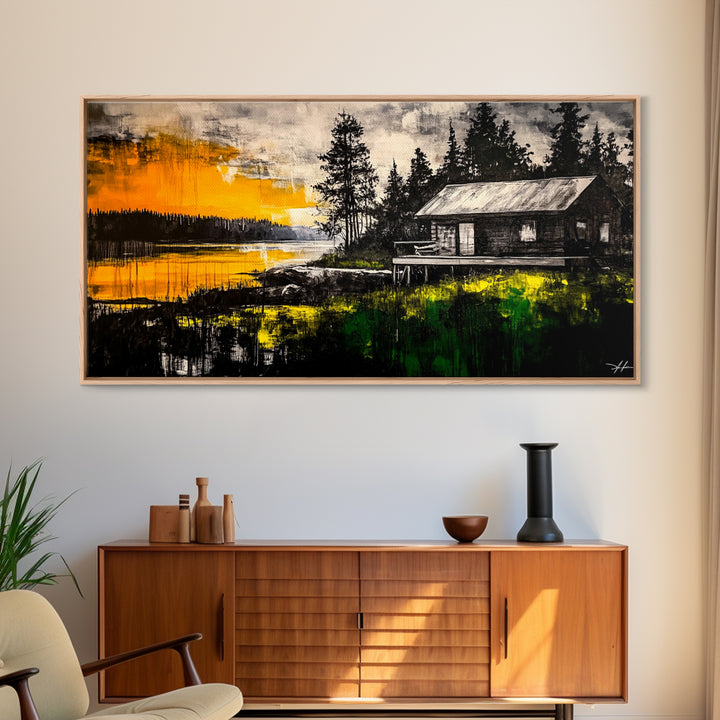 Rustic Cabin Art, Golden Sunset Canvas Print, Autumn Landscape Painting, Nature Wall Decor, Cozy Home Aesthetic, Framed Canvas Print