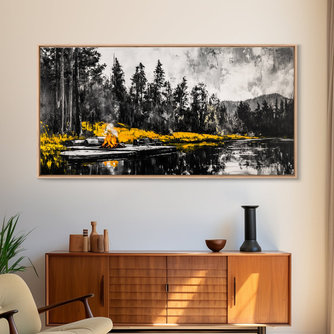 Campfire Forest Painting, Black and White Canvas Print, Nature Wall Decor, Cozy Cabin Artwork, Autumn Inspired Art, Framed Canvas Print