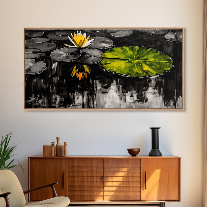 Lotus Pond, Serenity, Zen, Framed Canvas Print, Black and White Nature Art, Japanese Water Lily Decor, Minimalist Meditation Wall Art