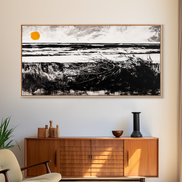 Coastal, Minimalist, Black and White, Framed Canvas Print, Ocean Sunset Wall Art, Beach House Decor, Nautical Artwork, Serene Seascape