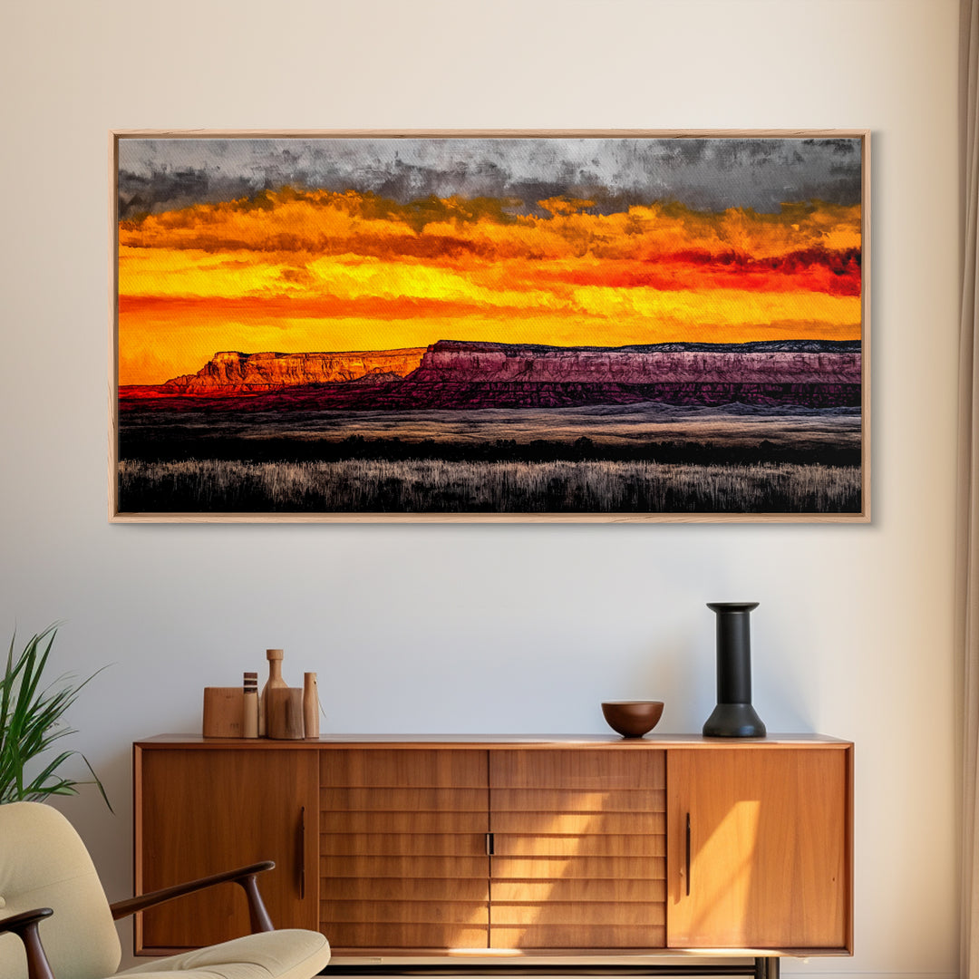 Desert, Sunset, Southwest, Framed Canvas Print, Bold Canyon Painting, Warm Earth Tones Wall Art, Western Home Decor, Scenic Landscape