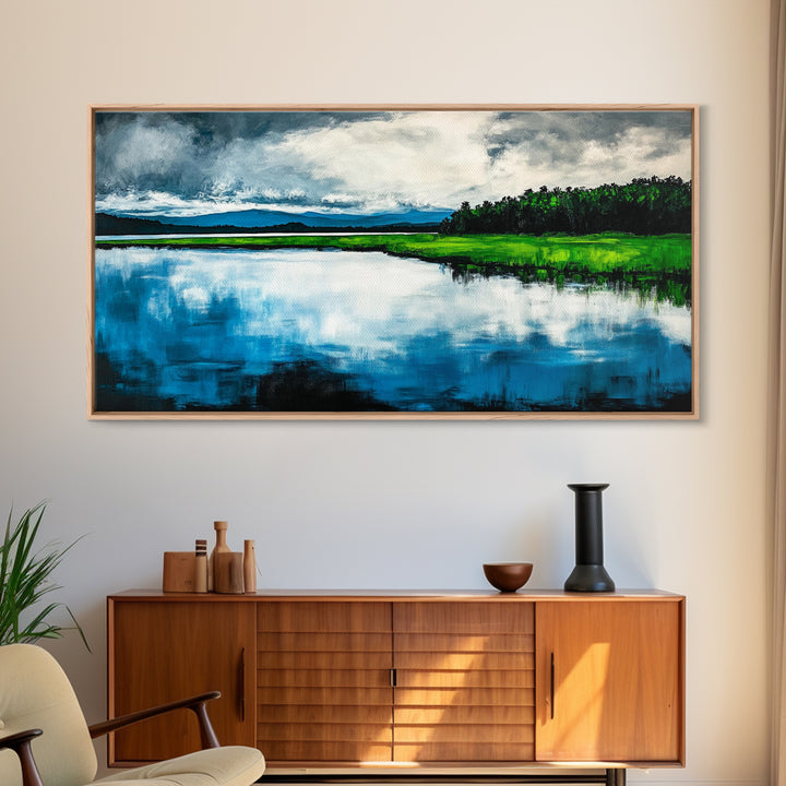 Blue Lake, Reflection Landscape, Nature Wall Art, Framed Canvas Print, Large Canvas Artwork, Modern Home Decor, Office Wall Art