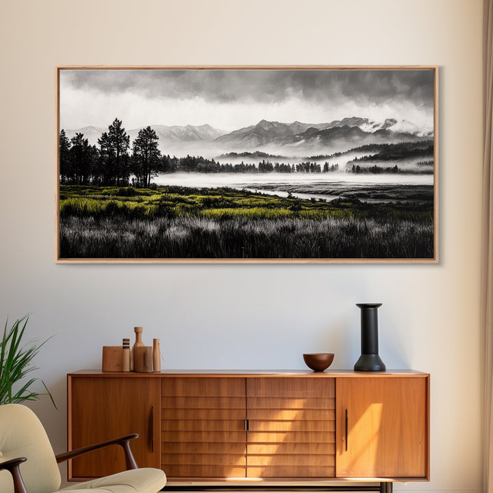 Foggy Forest, Mountain Landscape, Monochrome Wall Art, Framed Canvas Print, Modern Home Decor, Living Room Artwork, Nature Print