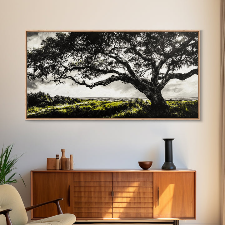 Oak Tree, Scenic Meadow, Black and White Landscape, Framed Canvas Print, Nature Wall Art, Large Canvas Artwork, Living Room Decor