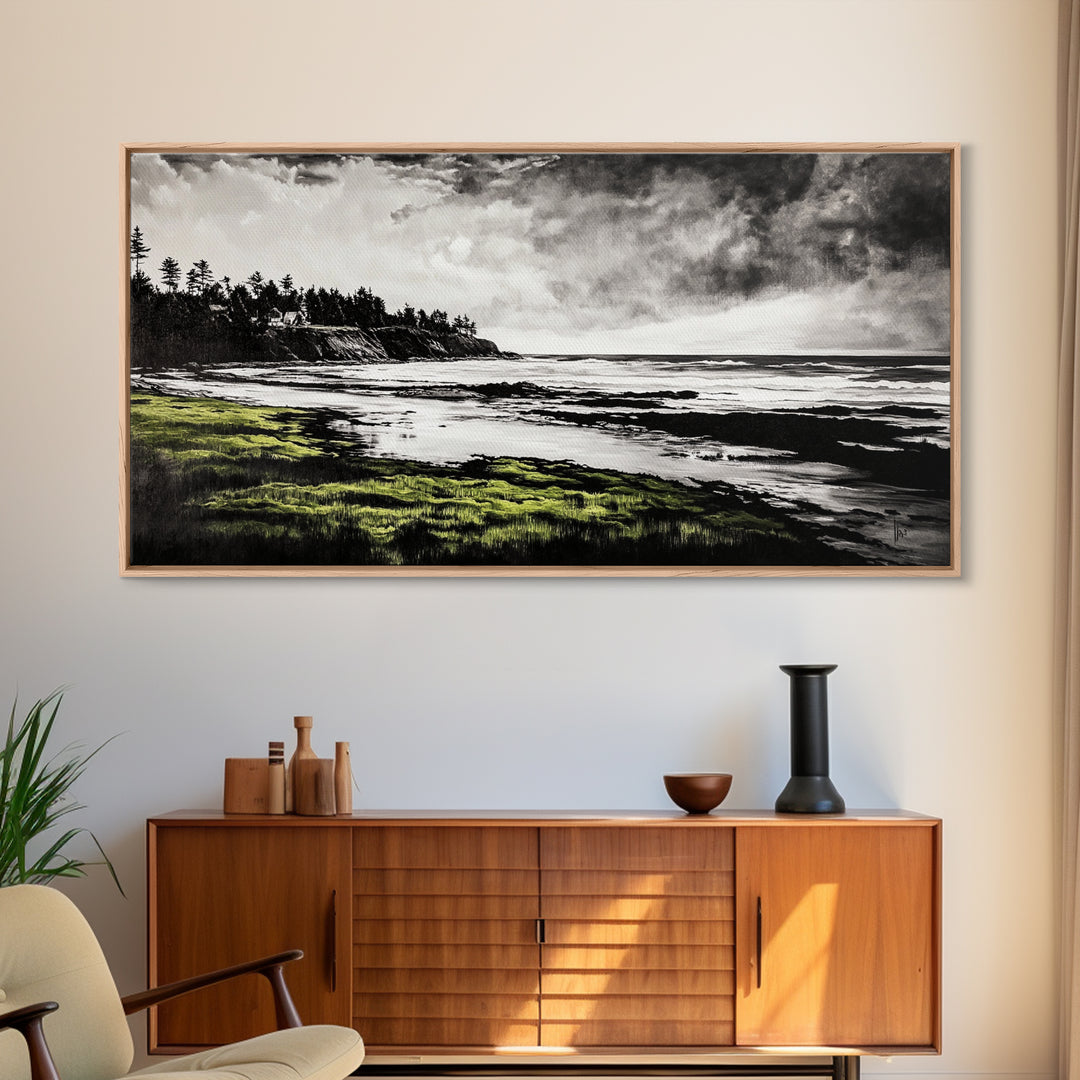 Coastal Landscape, Ocean View, Black and White Beach Art, Canvas Print, Seaside Home Decor, Nautical Wall Art, Office Artwork