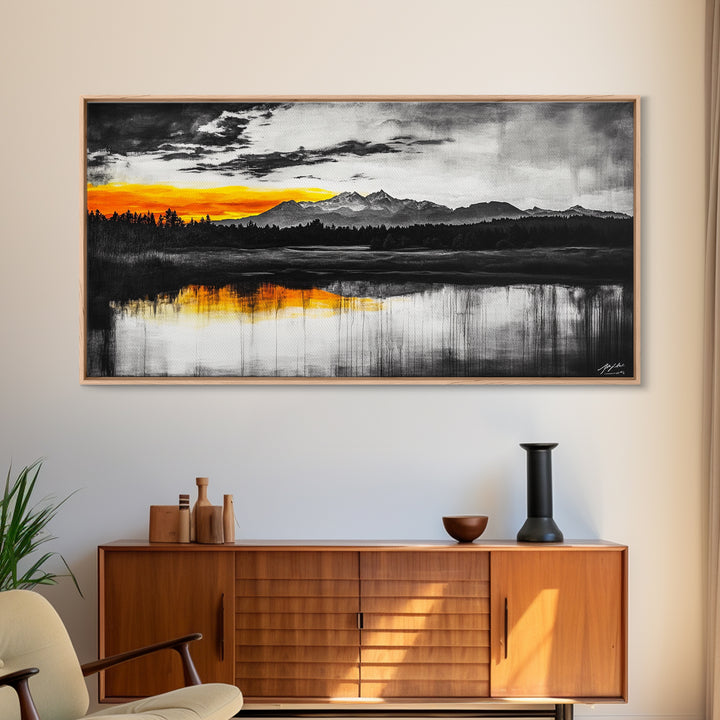 Sunset Reflection, Black and White, Framed Canvas Print, Nature Wall Art, Modern Landscape, Bold Decor, Living Room Art, Autumn Colors