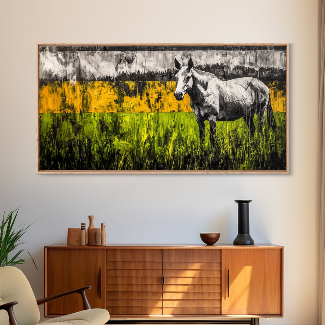 Abstract Horse, Farmhouse, Framed Canvas Print, Rustic Wall Art, Country Decor, Bold Yellow and Green, Large Wall Art, Equestrian Art