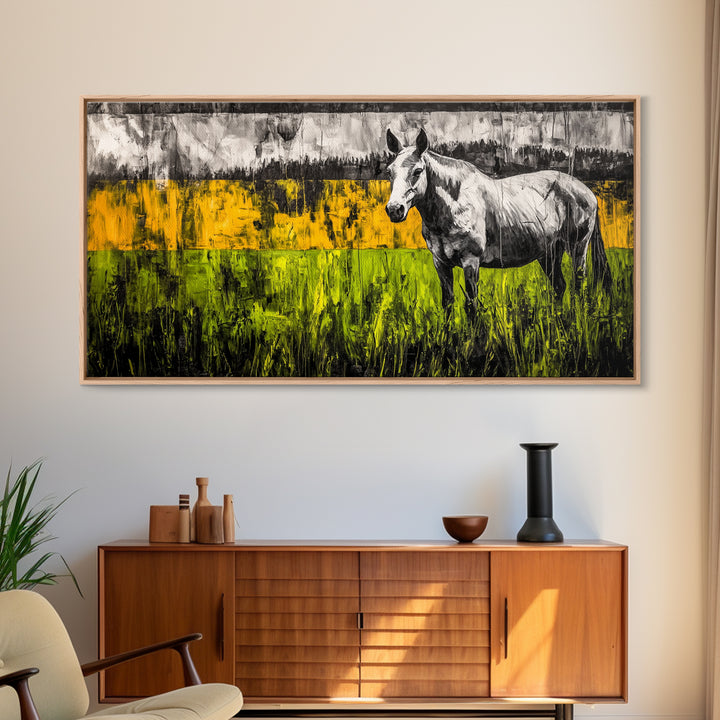 Abstract Horse, Farmhouse, Framed Canvas Print, Rustic Wall Art, Country Decor, Bold Yellow and Green, Large Wall Art, Equestrian Art