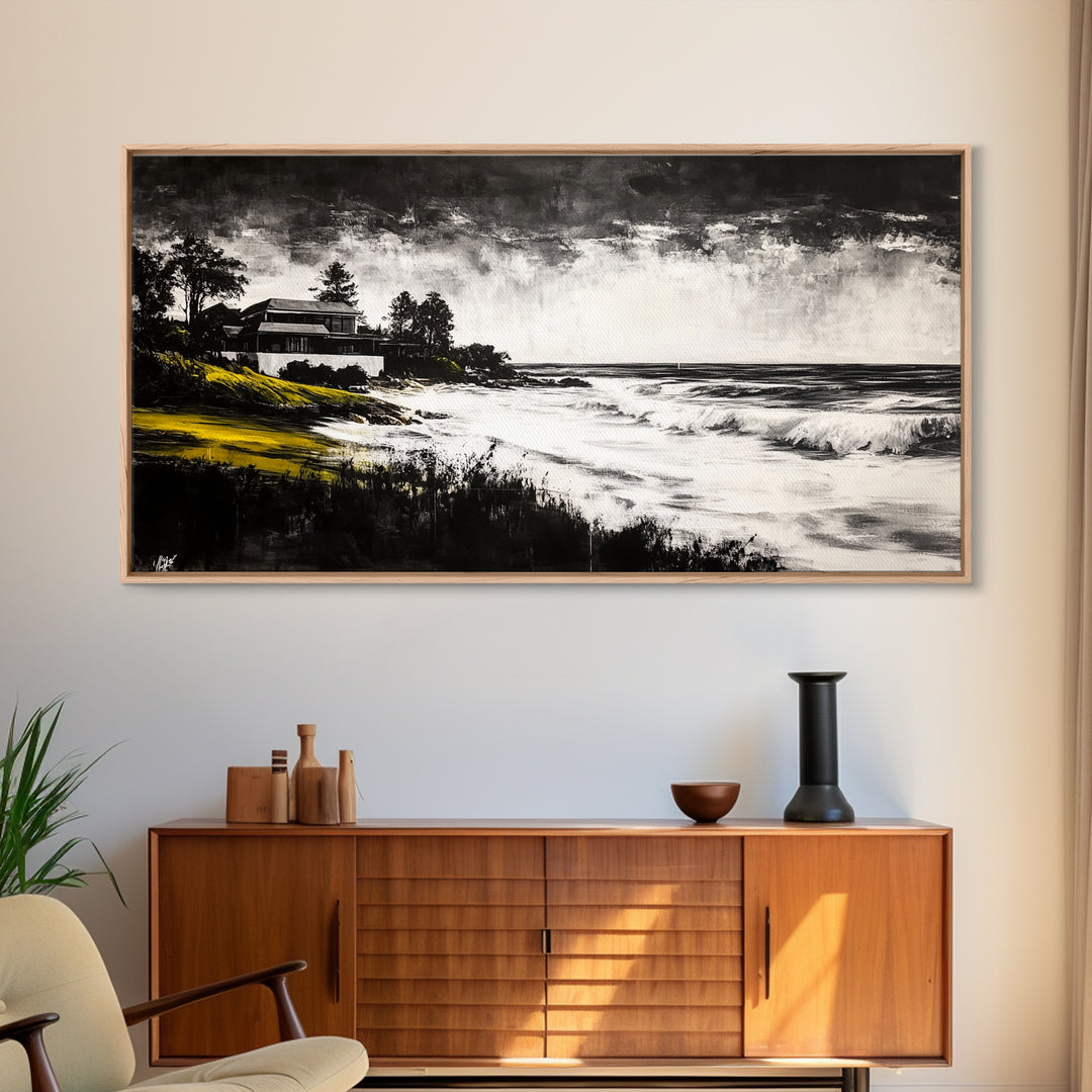 Coastal Landscape, Black and White, Framed Canvas Print, Beach House Wall Art, Nautical Decor, Ocean View Art, Minimalist Seascape