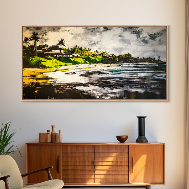 Beach House, Ocean View, Tropical Landscape, Framed Canvas Print, Coastal Art, Beach Wall Decor, Living Room Art, Boho Wall Art