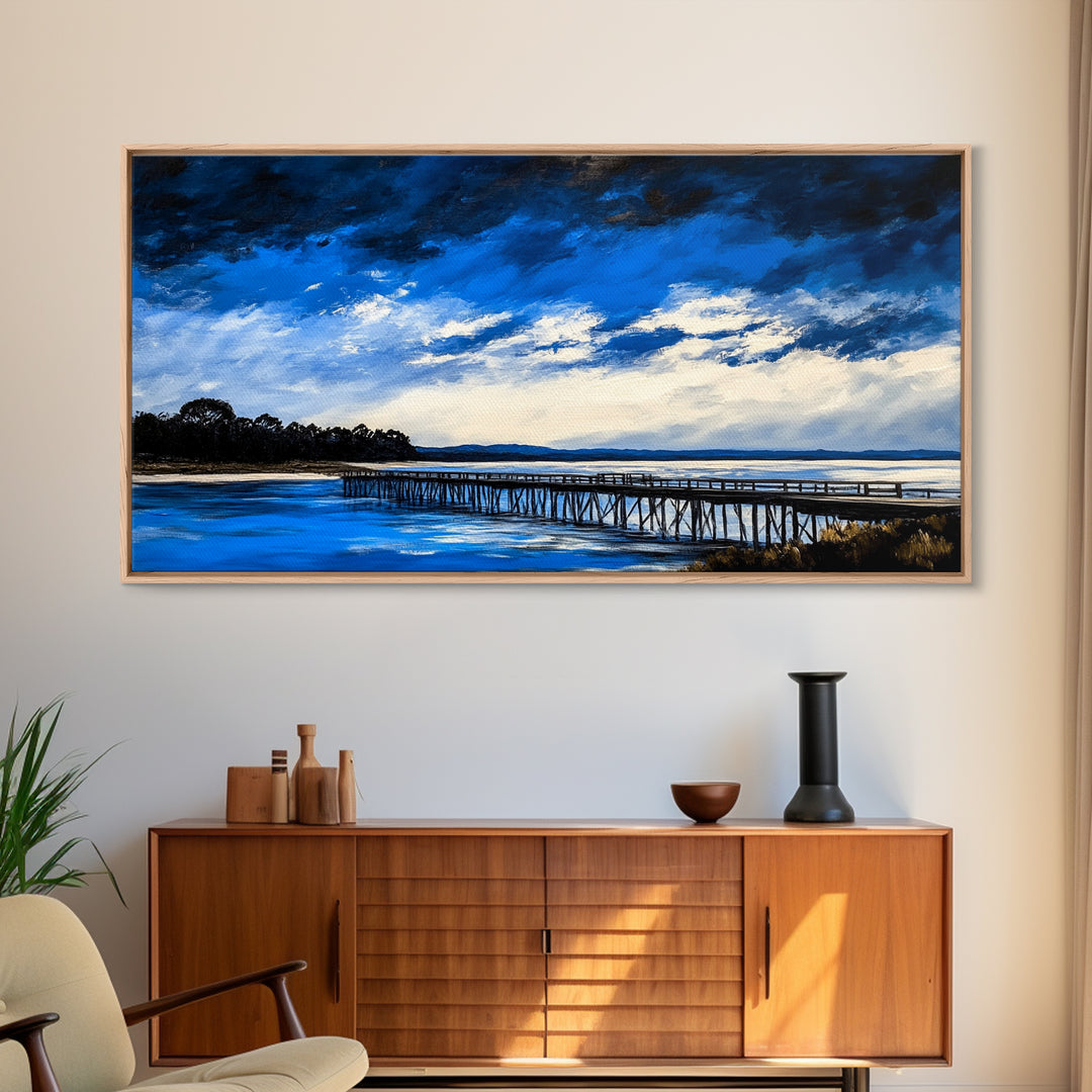 Blue Pier, Lake Scene, Stormy Sky, Framed Canvas Print, Nautical Art, Minimalist Landscape, Bedroom Wall Decor, Large Wall Art