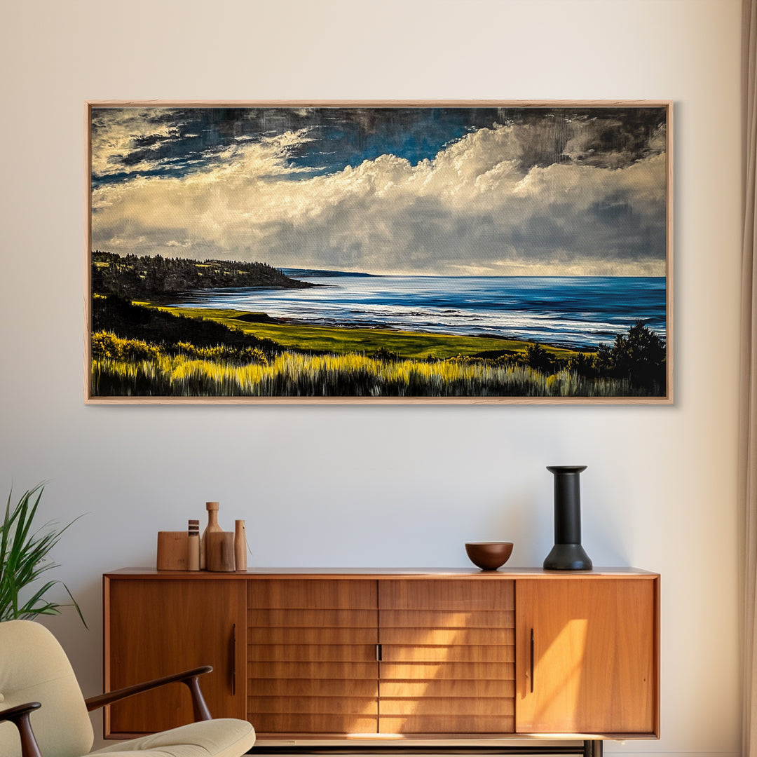 Coastal Bluffs, Ocean Horizon, Cloudy Sky, Framed Canvas Print, Nautical Wall Art, Large Landscape, Living Room Wall Art, Moody Art