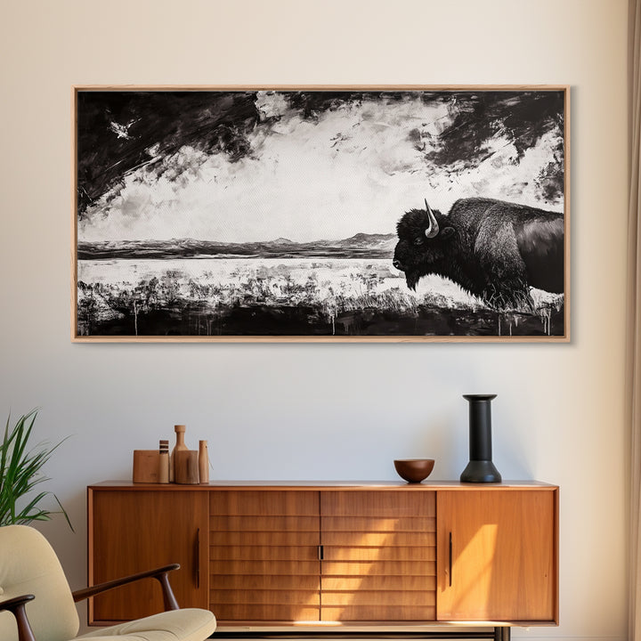 Bison Landscape, Western Art, Black and White Buffalo, Rustic Home Decor, Southwestern Wall Art, Nature Artwork, Framed Canvas Print