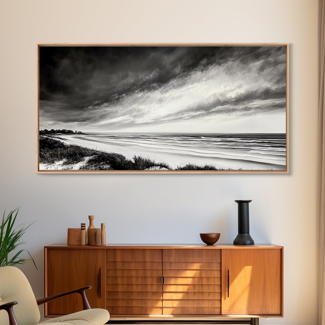 Coastal Storm, Dramatic Beach Scene, Black and White Seascape, Modern Coastal Art, Neutral Wall Decor, Canvas Print, Living Room Art