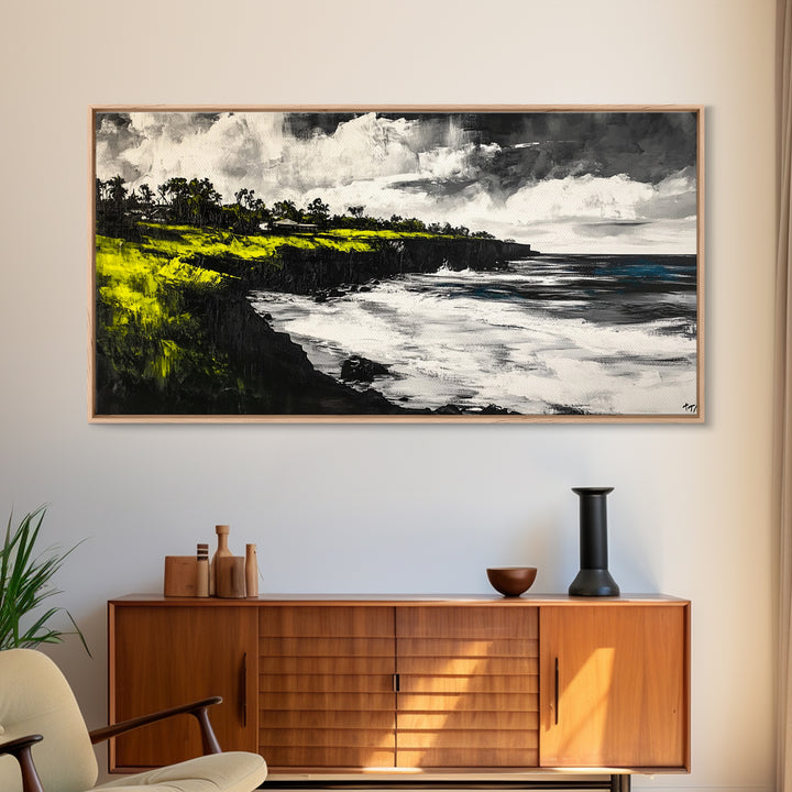 Cliffside Ocean View Landscape, Black and White Seascape, Nautical Wall Decor, Living Room Art, Beach House Scene, Framed Canvas Print