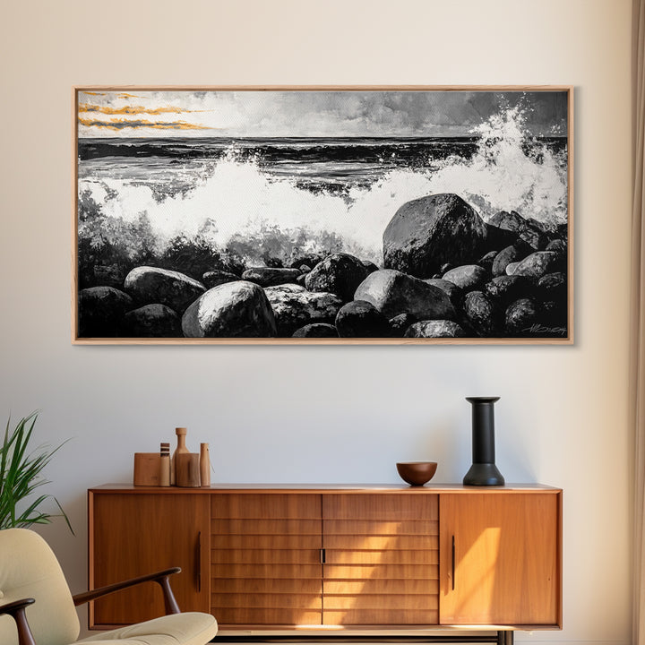 Rocky Shore, Powerful Ocean Waves, Dramatic Black and White Seascape, Coastal Home Decor, Framed Canvas Print, Living Room Accent