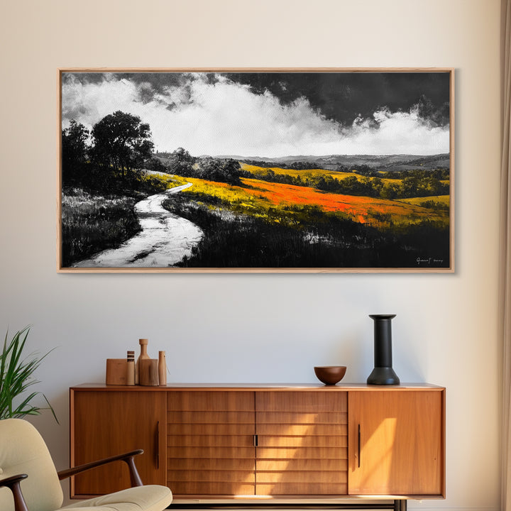 Rolling Hills, Country Path, Black and White Landscape, Canvas Print, Autumn Fields, Minimalist Wall Art, Living Room Decor, Bold Contrast