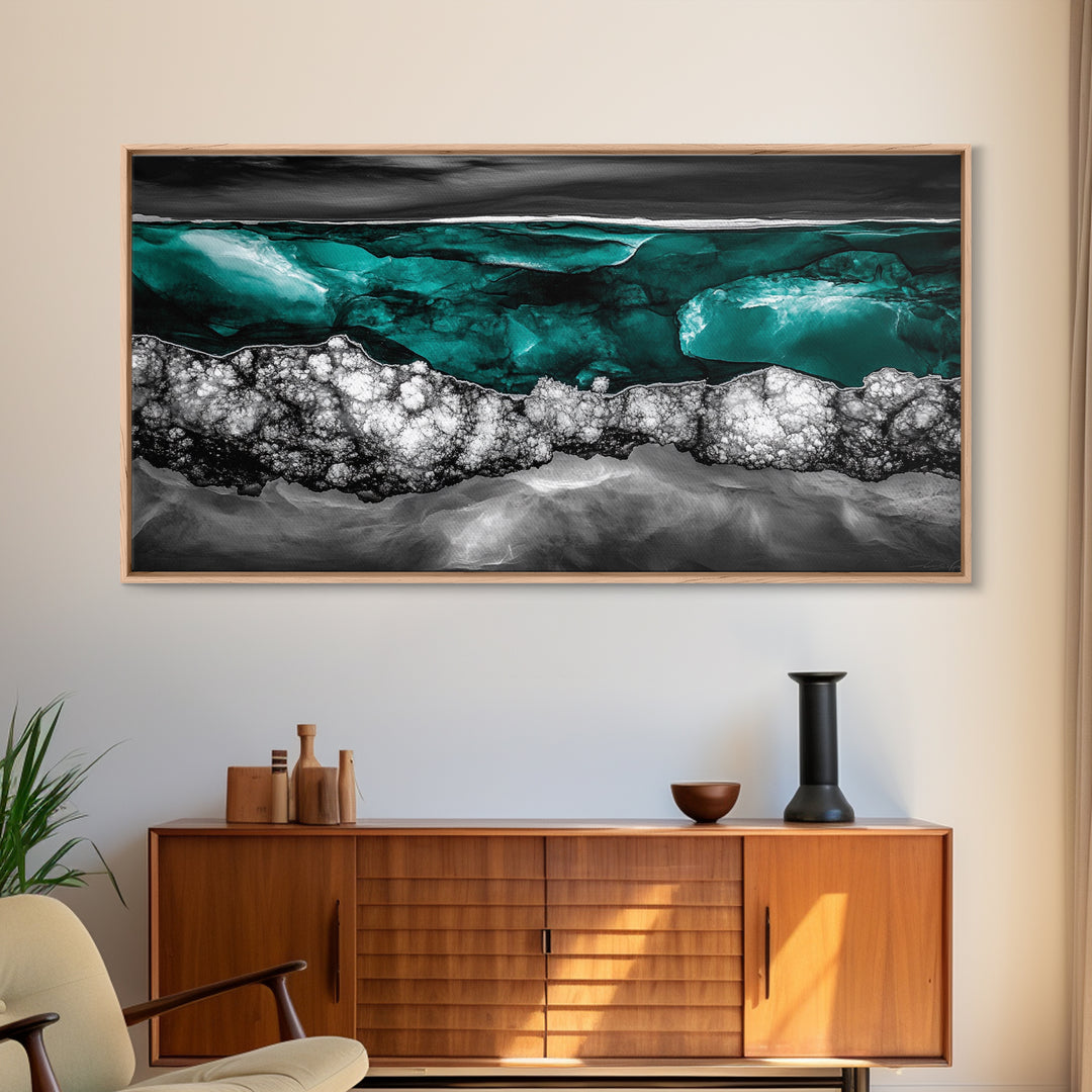 Ocean Depths, Abstract Water, Teal and Black, Framed Canvas Print, Coastal Decor, Modern Wall Art, Living Room Accent, Textured Painting