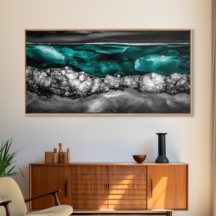 Ocean Depths, Abstract Water, Teal and Black, Framed Canvas Print, Coastal Decor, Modern Wall Art, Living Room Accent, Textured Painting