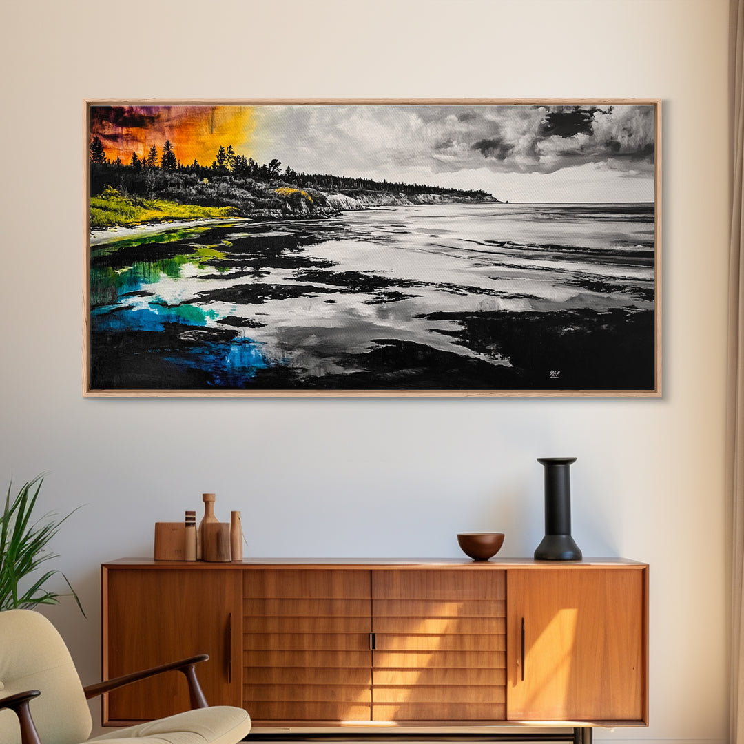 Coastal Landscape, Black White, Ocean View Art, Beach Canvas Print, Living Room Wall Art, Seascape Painting, Nautical Decor, Large Art