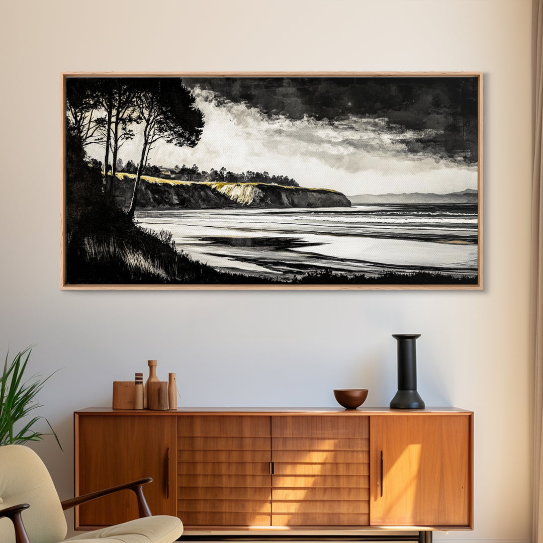 Black White, Coastal Cliffs, Seascape, Large Canvas Print, Ocean Wall Art, Modern Landscape, Minimalist Painting, Nautical Home Decor