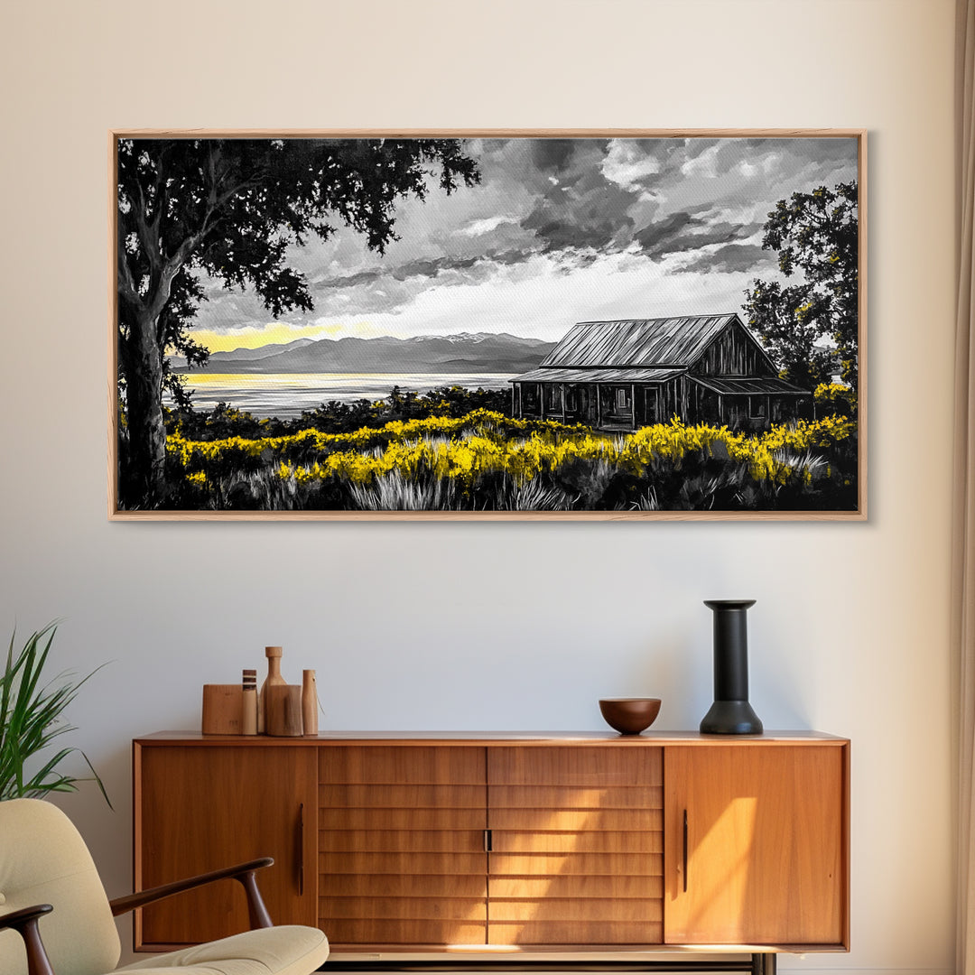 Rustic Cabin, Lake View, Black White Yellow, Large Canvas Print, Country Landscape, Farmhouse Wall Art, Living Room Decor, Framed Artwork