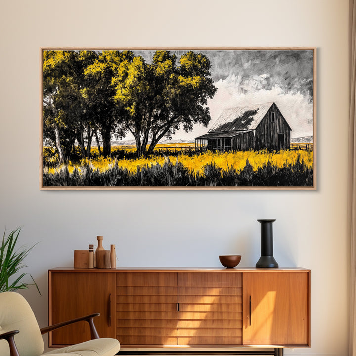 Rustic Barn, Country Wall Art, Western Farmhouse Decor, Black and White Art, Nature Landscape, Living Room Wall Art, Framed Canvas Print