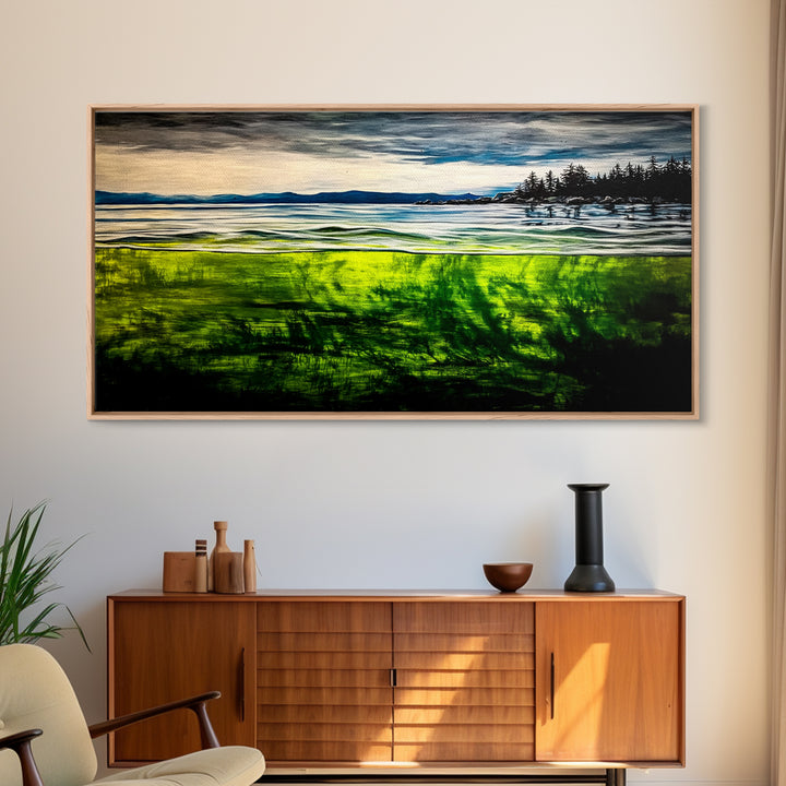 Coastal Reflection, Ocean Shore, Tranquil Seascape, Minimalist Beach Art, Nature Landscape Painting, Bedroom Wall Art, Framed Canvas Print