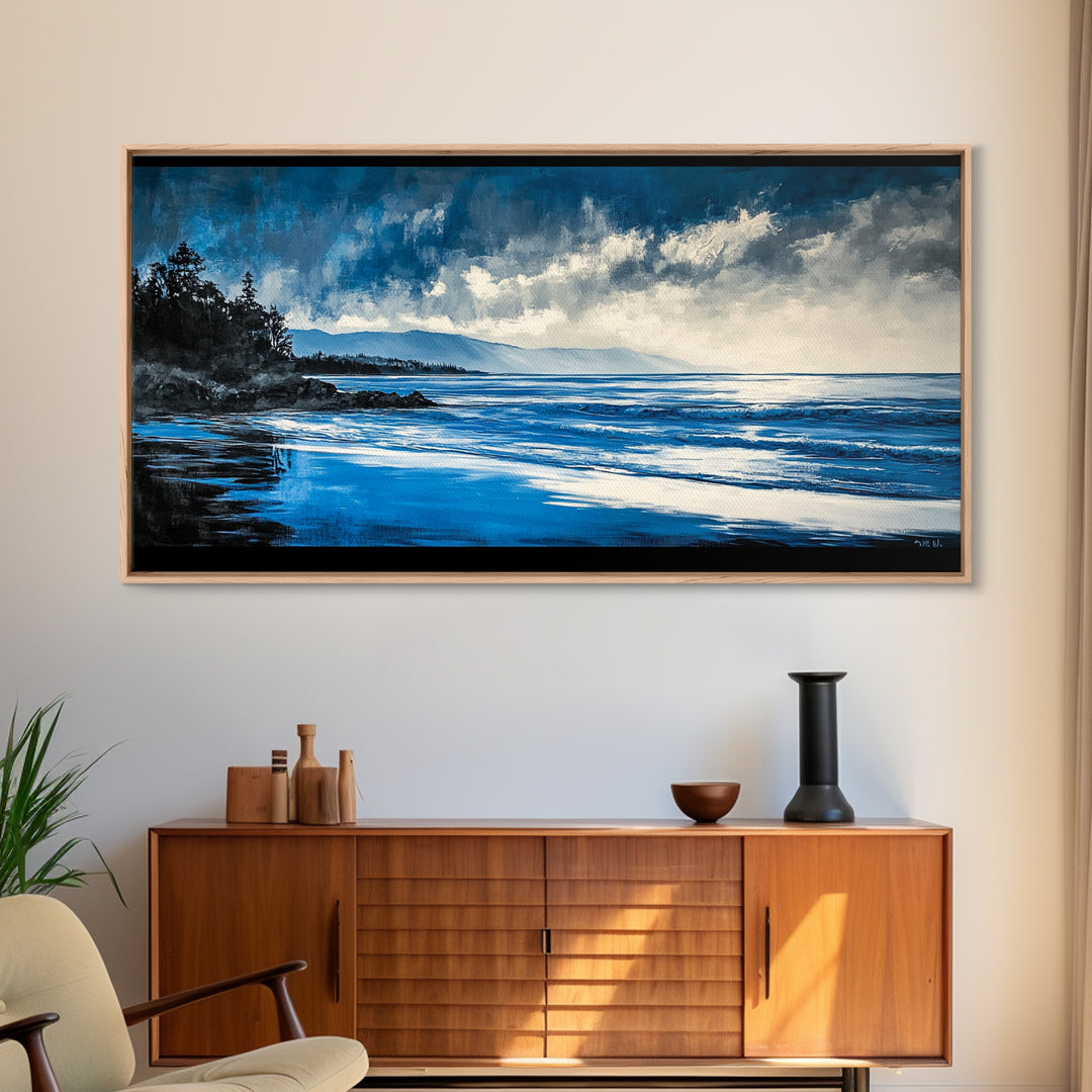 Blue Seascape, Coastal Landscape, Ocean Horizon Art, Serene Beach Painting, Nautical Wall Decor, Living Room Wall Art, Framed Canvas Print