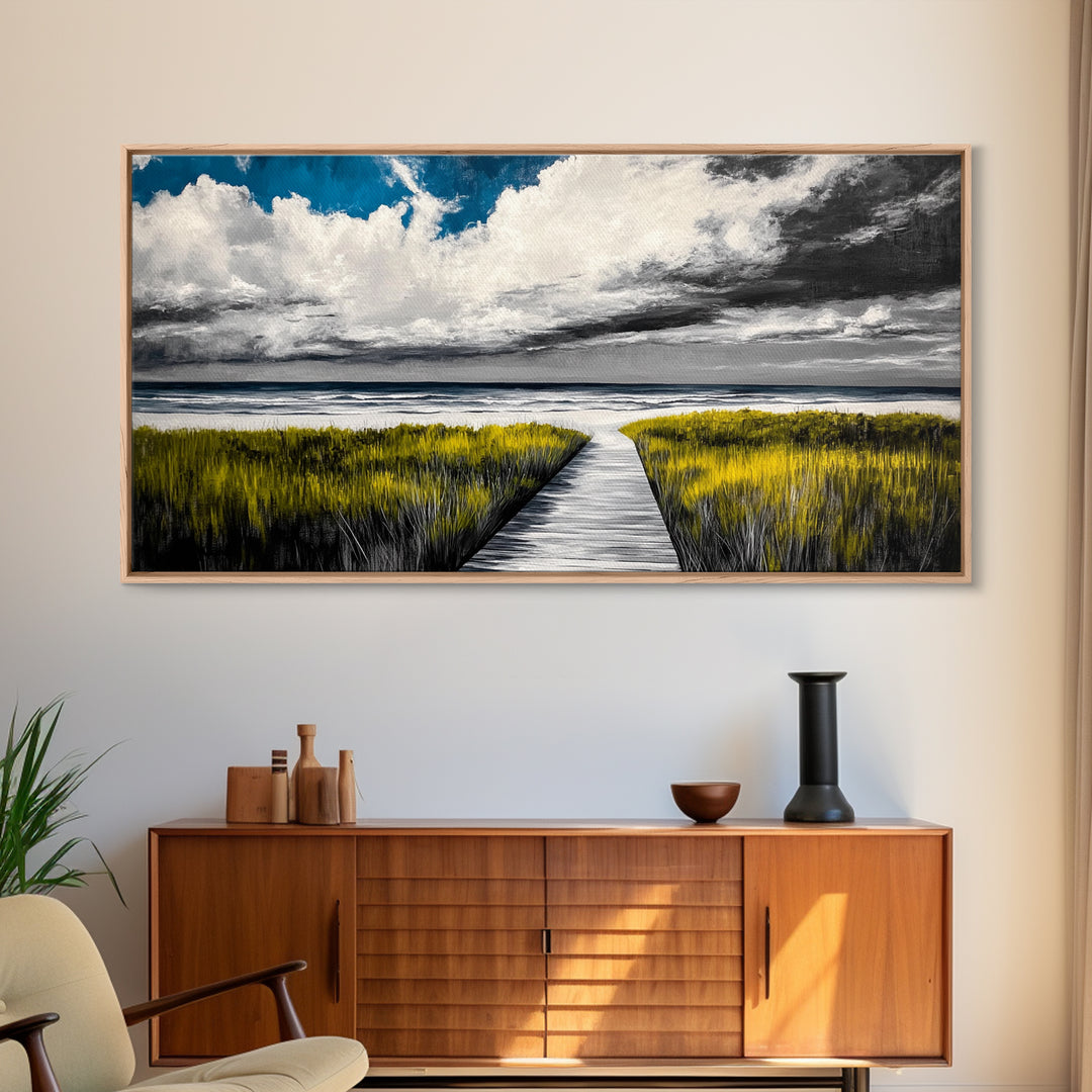 Beach Boardwalk, Coastal Landscape, Black and White Seascape, Nautical Decor, Living Room Artwork, Beach House Scene, Framed Canvas Print