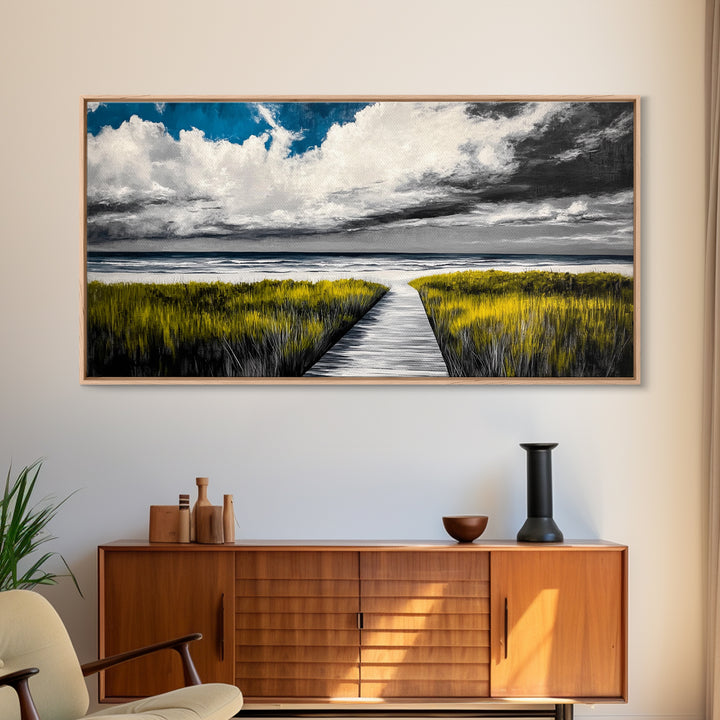 Beach Boardwalk, Coastal Landscape, Black and White Seascape, Nautical Decor, Living Room Artwork, Beach House Scene, Framed Canvas Print