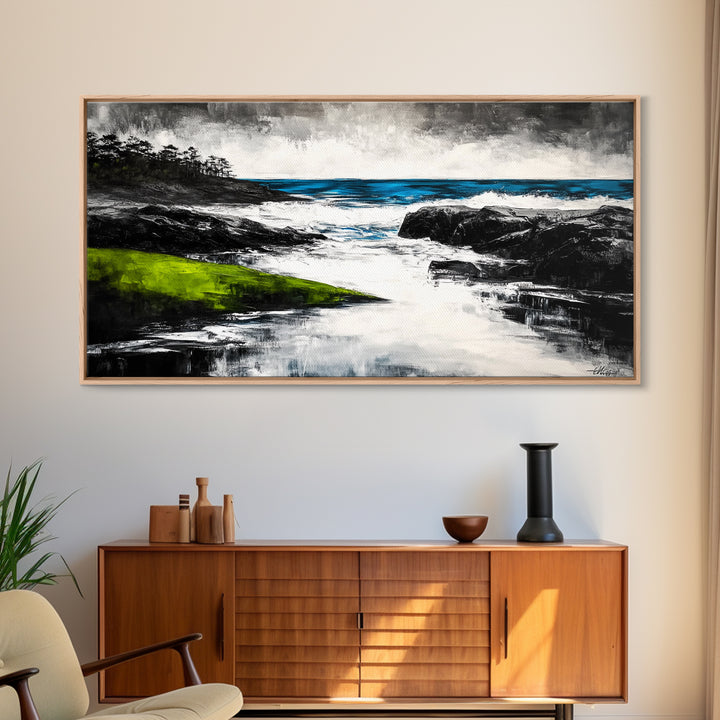 Rocky Shore, Ocean Wave Art, Coastal Seascape, Dramatic Beach Painting, Nautical Home Decor, Modern Coastal Print, Canvas Print