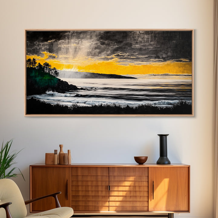 Golden Sunset, Coastal Painting, Dramatic Sky, Framed Canvas Print, Seascape Wall Art, Contemporary Art, Bedroom Wall Decoration