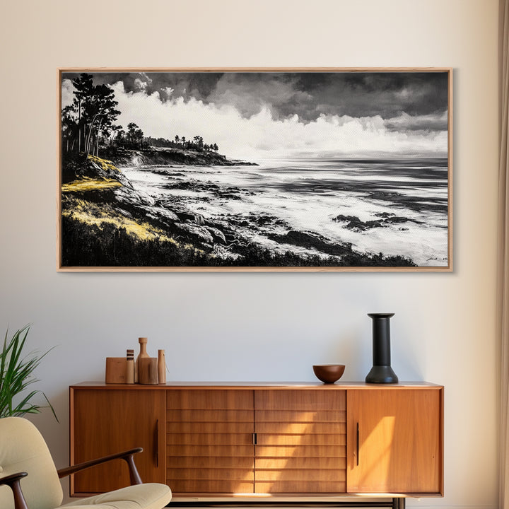 Rocky Shore, Monochrome Art, Serene Beach, Canvas Print, Coastal Landscape, Minimalist Art, Office Wall Decor, Nature Inspired Art