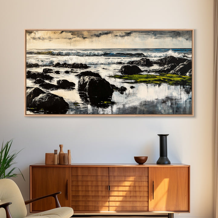 Rocky Coastline, Ocean Waves, Moody Seascape, Canvas Print, Nautical Wall Art, Monochrome Landscape, Bedroom Wall Art, Nature Aesthetic