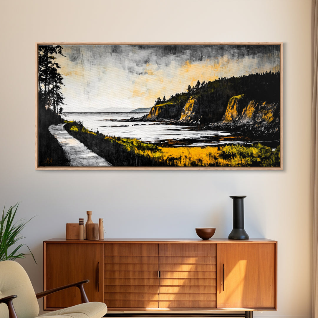 Rugged Shore, Coastal View, Autumn Landscape, Framed Canvas Print, Beach House Art, Living Room Wall Art, Minimalist Seascape Decor