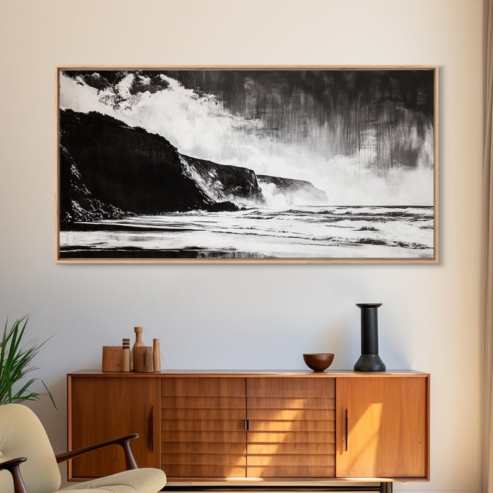 Cliffside Beach, Dramatic Seascape View, Framed Canvas Print, Black and White Art, Minimalist Decor, Bedroom Wall Art, Coastal Aesthetic