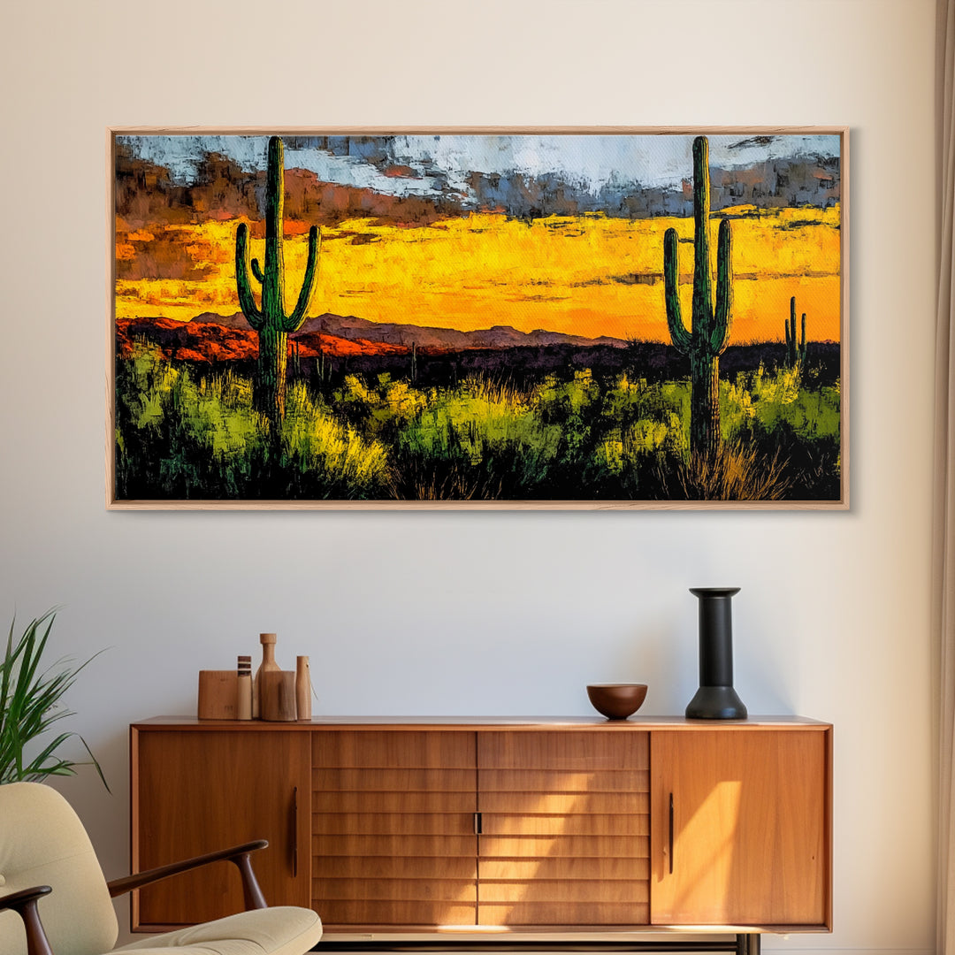 Desert Cactus, Western Sunset Art, Vibrant Landscape Canvas Print, Rustic Home Decor, Southwestern Wall Art, Office Art