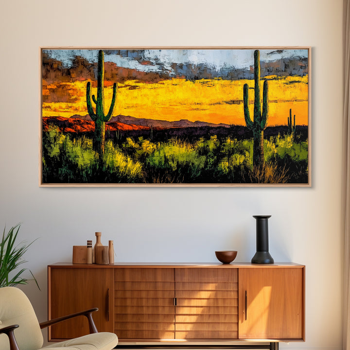 Desert Cactus, Western Sunset Art, Vibrant Landscape Canvas Print, Rustic Home Decor, Southwestern Wall Art, Office Art