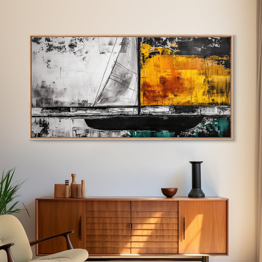 Abstract Sailboat, Nautical Canvas Print, Modern Minimalist Wall Art, Coastal Home Decor, Black and White Painting, Living Room Art