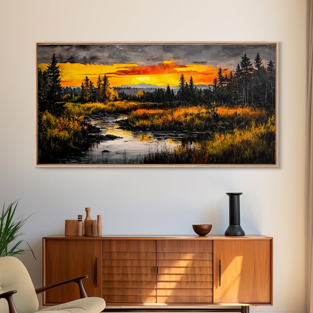 Autumn Sunset, River Landscape, Nature Art, Framed Canvas Print, Rustic Decor, Cabin Wall Art, Fall Wall Art, Living Room Art