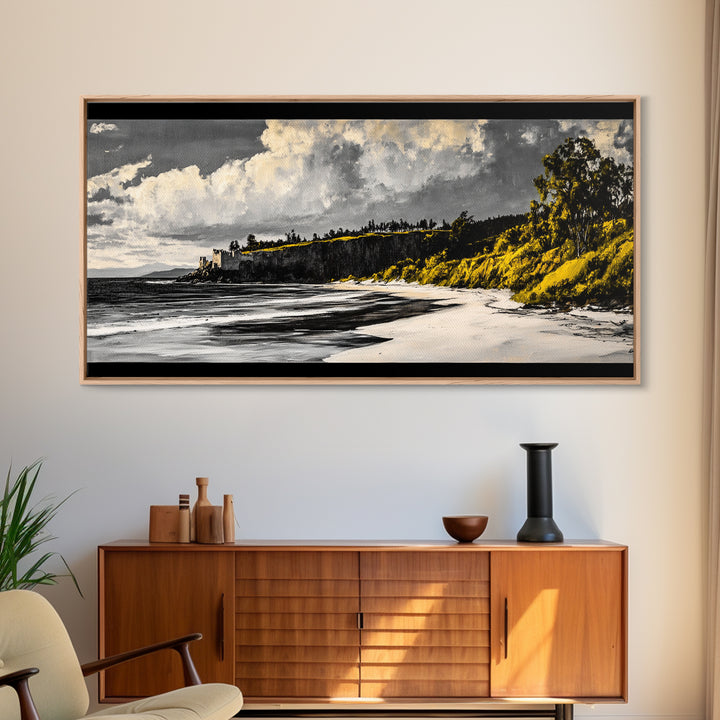 Castle Beach, Coastal Wall Art, European Landscape, Scenic Seascape, Travel Art, Historic Home Decor, Framed Canvas Print, Living Room Art